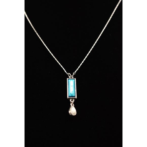 Cabochon Pendant Necklace Silver Tone Chain Faux Turquoise Inlay Dangle Bin7A - Picture 2 of 12